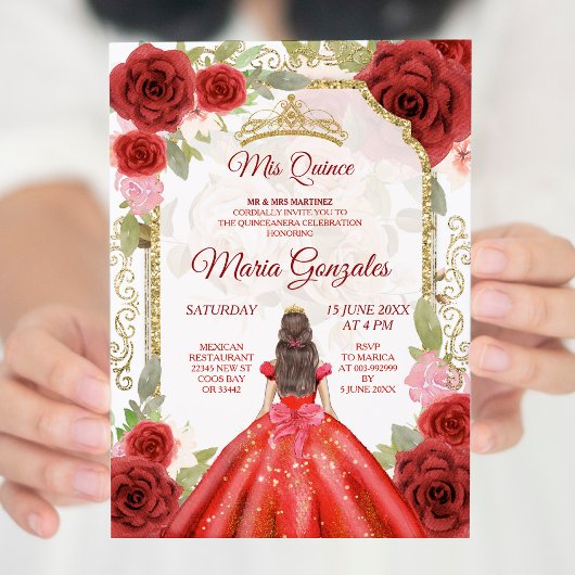 Robe rouge & Rose Mexicaine Quinceanera Invitation