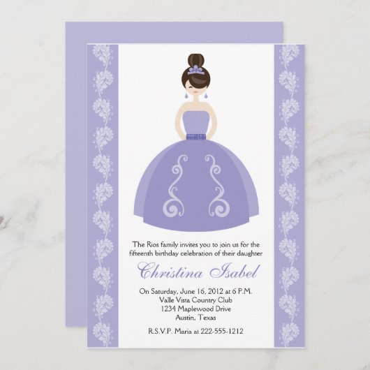 Robe violette Brunette Quinceanera Invitations (Devant / Derrière)
