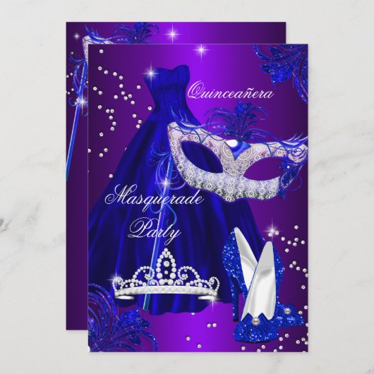 Robe violette et bleue mascarade Invitation Quince (Devant / Derrière)