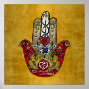Robijn Granaatappel Hart Rode Vogel Hamsa Poster