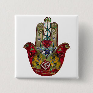 Robijn Granaatappel Hart Rode Vogel Hamsa Vierkante Button 5,1 Cm