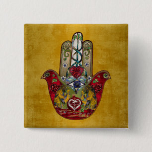 Robijn Granaatappel Hart Rode Vogel Hamsa Vierkante Button 5,1 Cm