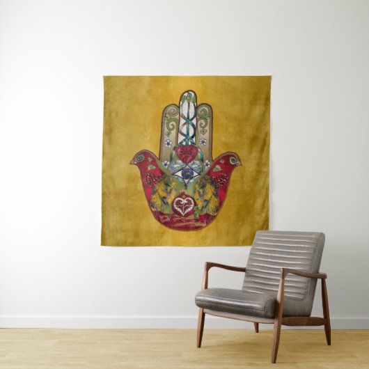Robijn Granaatappel Hart Rode Vogel Hamsa Wandkleed (In situ)