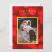 Robijn Rode Bokeh Lichten Nep Goud Gelukkig Nieuwj Feestdagenkaart (Voorkant)