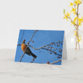 Robin avec la baie dans le bec - carte de voeux (Fleur jaune)
