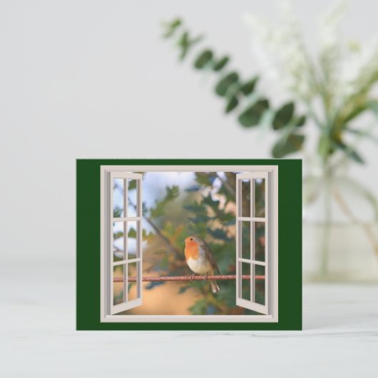 Robin Bird bij Window Feestdagenkaart (Staand voorkant)
