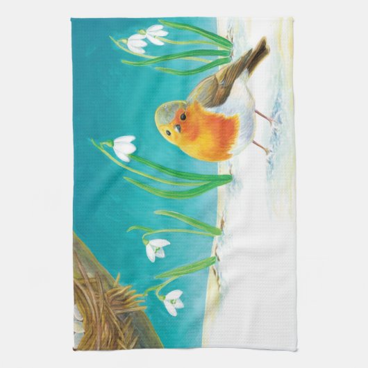 Robin Bird, illustratie sneeuw en sneeuwval Theedoek (Verticaal)