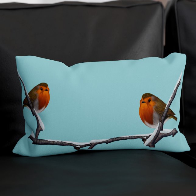 Robin Bird Light Blauwgroen Monogrammed Lumbar Pil Kussen (Double sided - more birds!)