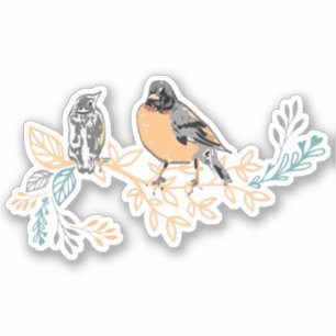 Robin Bird Mama en Baby Summer Brood met bloemen Sticker