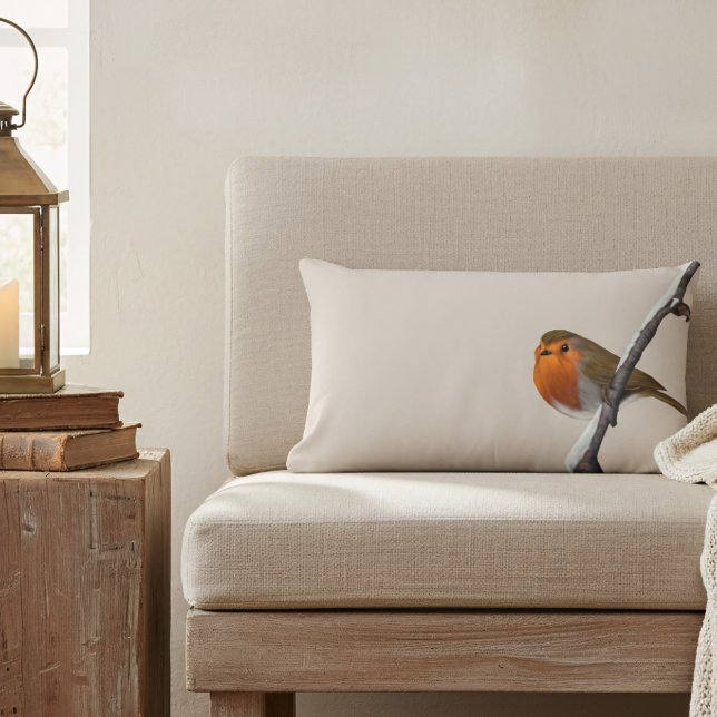 Robin Bird Winter Branch Natural Lumbar Pillow Kussen (A lone robin sits on a winter branch on this lumbar pillow. He'd love to sit on your armchair )
