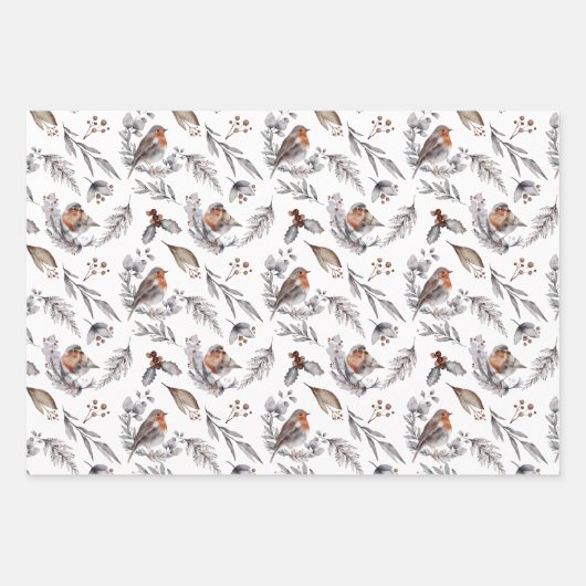 Robin Bird Winter Forest Greenery Kerstmis Inpakpapier Vel (Voorkant)