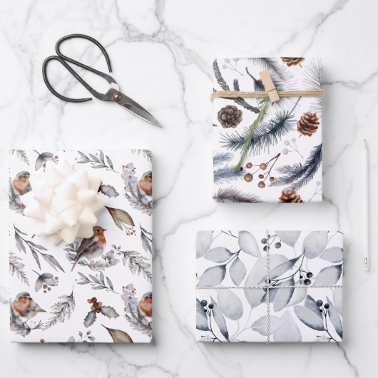 Robin Bird Winter Forest Greenery Kerstmis Inpakpapier Vel (Voorkant)