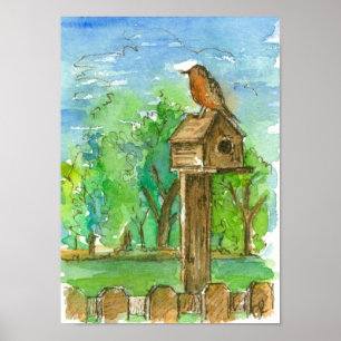 Robin Birdhouse Waterverf Landcape Poster