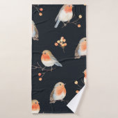 Robin birds and berries rowan on dry branches, sea (Serviette de bain)