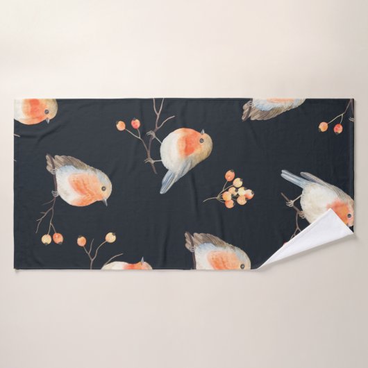 Robin birds and berries rowan on dry branches, sea (Serviette de bain)