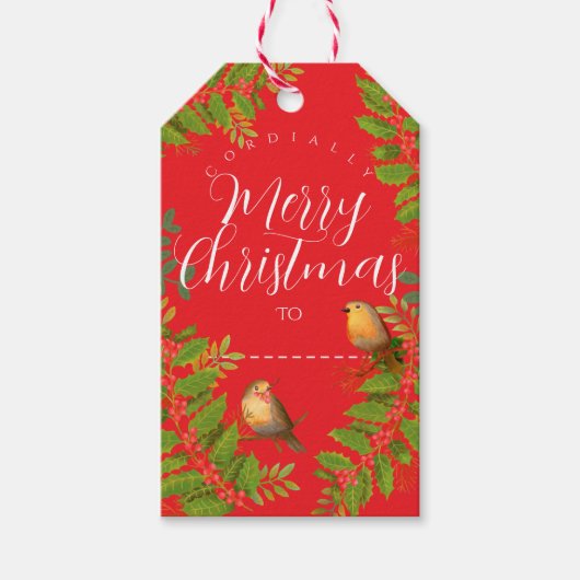 Robin Birds Holly Berry Red Cadeaulabel (Voorkant)