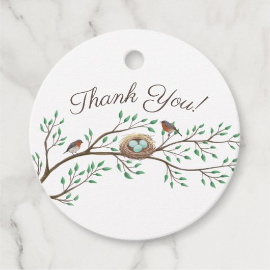 Robin Birds Nest Eggs Spring Baby shower Bedankjes Labels (Voorkant)
