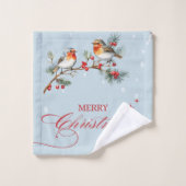 Robin Birds Tree Branchs Merry Christmas Blue (Gant de toilette)