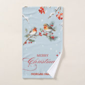 Robin Birds Tree Branchs Merry Christmas Blue Bad Handdoek (Handdoek)