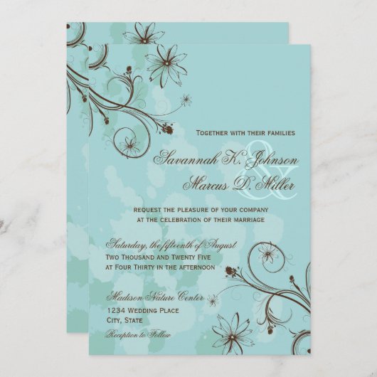 Robin Egg Blauw Bruin Bloemen Huwelijksuitnodiging Kaart (Voorkant / Achterkant)