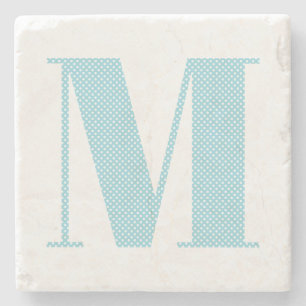 Robin Egg Blauw en Wit Stippen Monogram Stenen Onderzetter