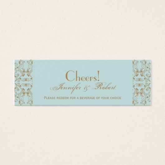 Robin Egg Blue en Gold Damask Drink Tickets Mini Visitekaartjes (Voorkant)