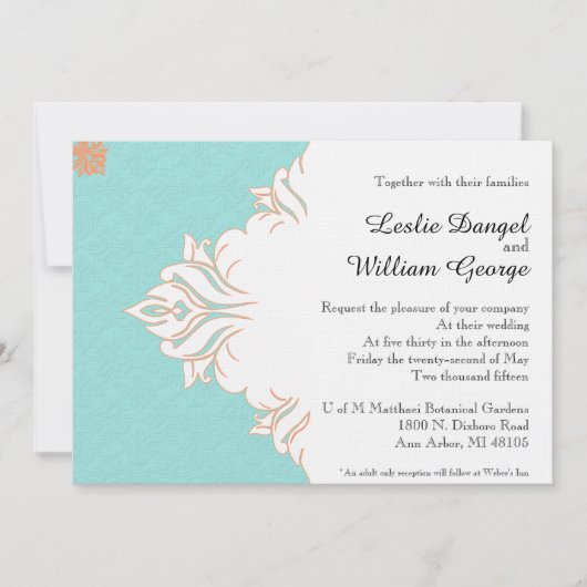 Robin Egg Blue Sinaasappel Damask Wedding Uitnodig Kaart (Voorkant)