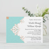 Robin Egg Blue Sinaasappel Damask Wedding Uitnodig Kaart (Staand voorkant)