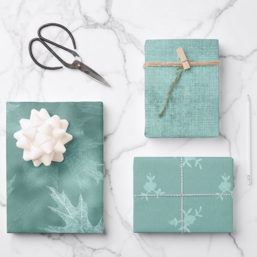 Robin Egg Green Leaf Linen (geen echt linnen) Inpakpapier Vel (Voorkant)