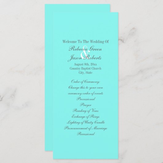 robin ' eicelblauwe turquoise aqua blue bruiloft programma (Voorkant / Achterkant)