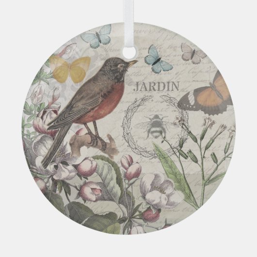 Robin Elegant Vogelvlinder Franse kunst Glas Ornament (Voorkant)