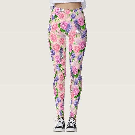 Robin en bloemen, patroon van de waterverf leggings (Voorkant)