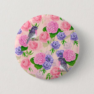Robin en bloemen, patroon van de waterverf ronde button 5,7 cm