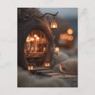 Robin en gloeiend sprookjesachtig huis in een magi briefkaart