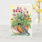 Robin en Tulips Kaart (Gele Bloem)
