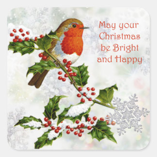  Robin, hulst, sneeuwvlok kerst Vierkante Sticker