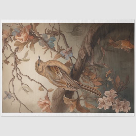 Robin met zachte pastel perzik bloemen decoupage tissuepapier (Voorkant)