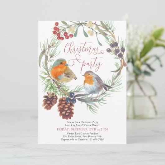 Robin Mistletoe en Pine Wreath kerstparty Kaart (Staand voorkant)