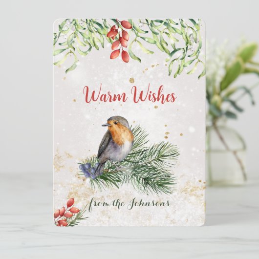 Robin Mistletoe Snow Gold accenten Feestdagenkaart (Staand voorkant)