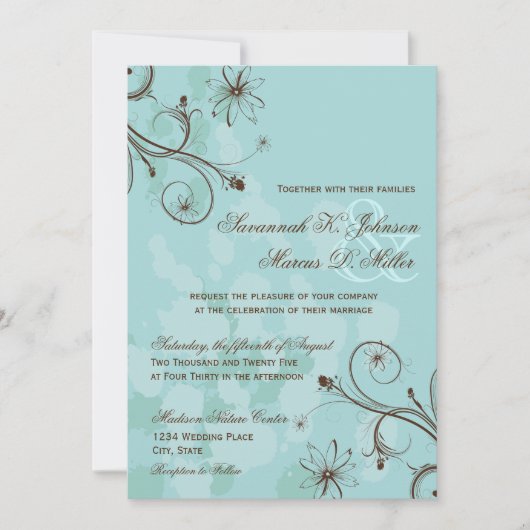 Robin Oeuf Bleu Brown Floral Invitations de mariag (Devant)