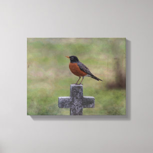 Robin op een kruis canvas afdruk