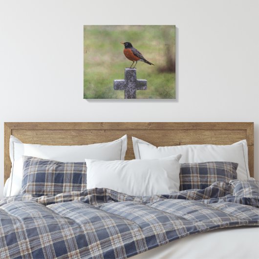 Robin op een kruis canvas afdruk (Insitu (Slaapkamer))