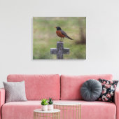 Robin op een kruis canvas afdruk (Insitu (Woonkamer))