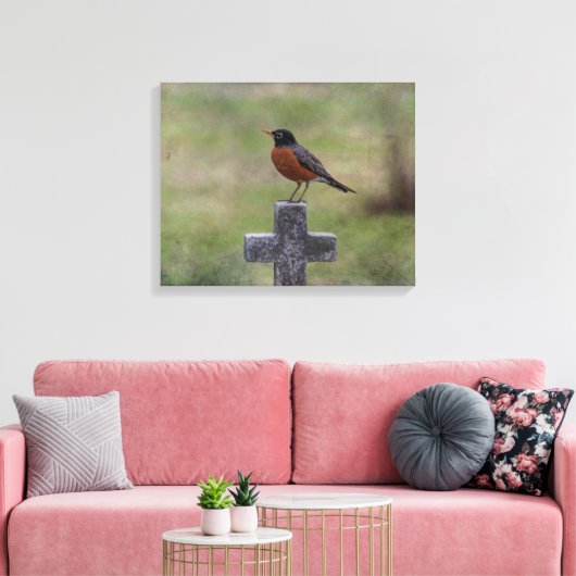 Robin op een kruis canvas afdruk (Insitu (Woonkamer))