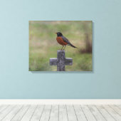 Robin op een kruis canvas afdruk (Insitu (Houten vloer))