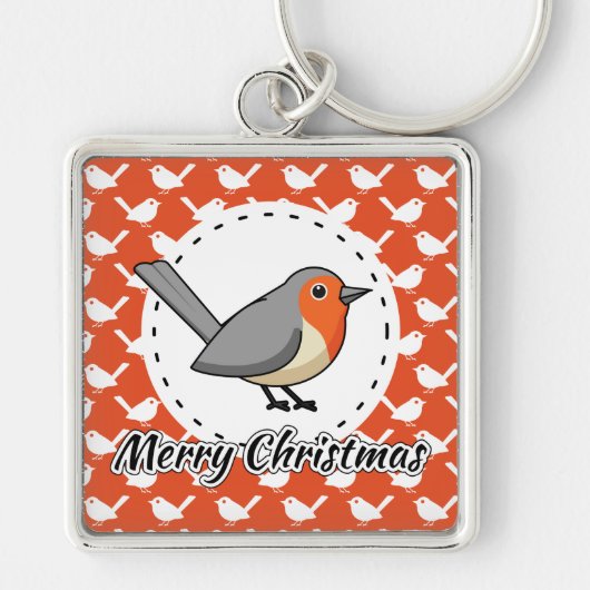 Robin op het Oranje witte vogelpatroon - Merry Xma Sleutelhanger (Voorkant)