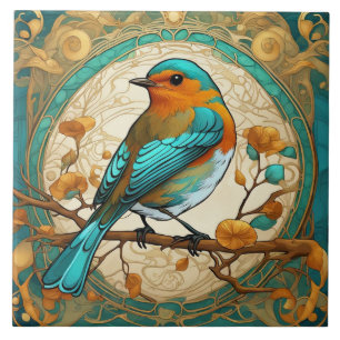 Robin Red Breast Bird Art Nouveau Art Deco Mint Tegeltje
