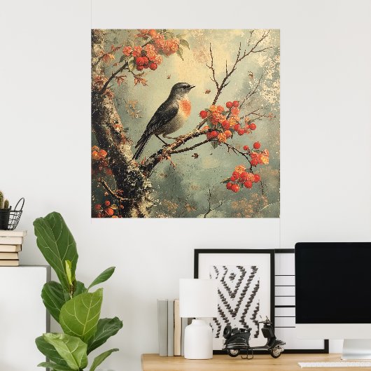 Robin Redbreast op een boomtak Poster (Thuiskantoor)