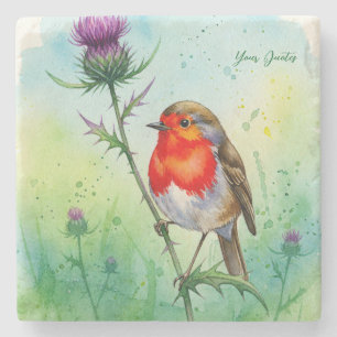 Robin Vogel en Distelbloem Botanische Aquarel Stenen Onderzetter