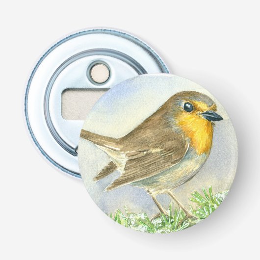 Robin vogel op een bevroren jeneverbes button flesopener (Voorkant)